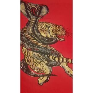 NEW Heads or Tails Size XL FITTED Red T-Shirt Cobra Tiger Rhinestone TINY FLAW